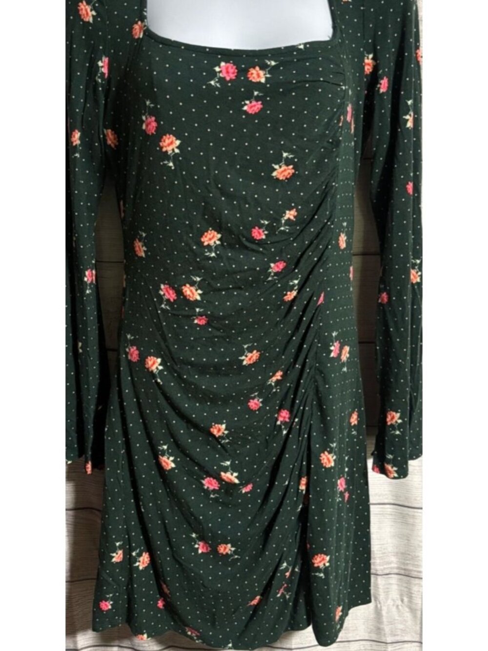 Free People Celia Mini Dress Size S Emerald Jewel Floral Polka Dot Print Ruched - Picture 9 of 12